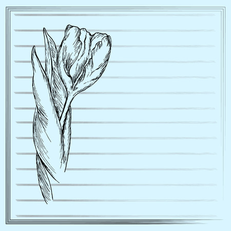Graphic flower, sketch of tulip on blue background. Vector floral illustration in vintage style. Hand drawn artwork. Template for wedding invitation, card, congratulation, greeting. Place for text.のイラスト素材
