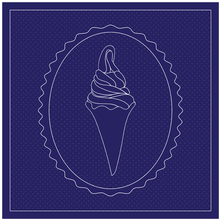 Ice Cream in waffle cone. Oval frame. White line element on dark blue background.  Vintage retro label Design. Vector illustration.のイラスト素材