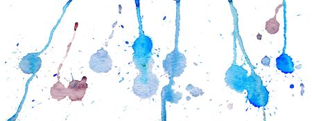 Blue watercolor splashes and blots on white background. Ink painting. Hand drawn illustration. Abstract watercolor artwork.のイラスト素材