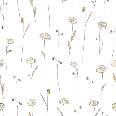 Seamless pattern with cute beige flowers. White background with stylized doodle roses. Elegant template for fashion prints. Vector illustration. Vintage floral backdrop for summer or spring design.のイラスト素材
