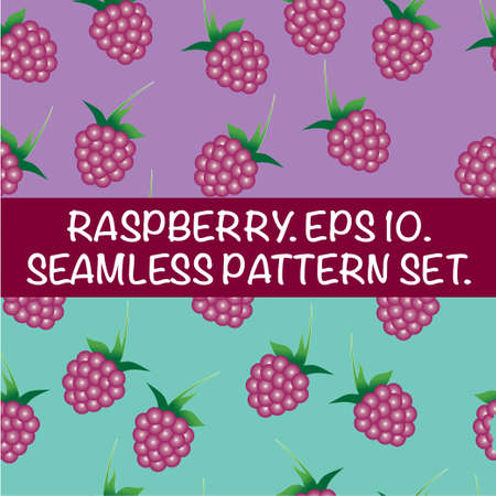 Set of seamless patterns with raspberries. Delicious red berries on a pink or green.のイラスト素材