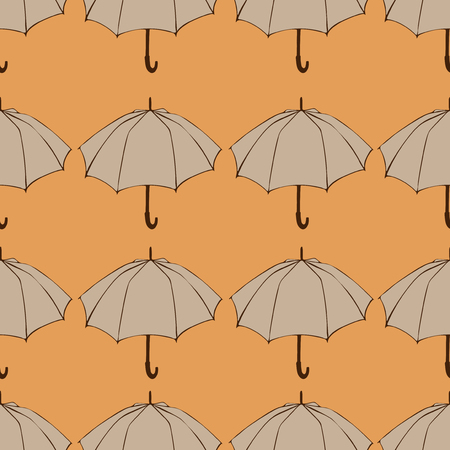 Seamless pattern with doodle umbrellas. For fabric, textile, wallpaper, wrapping paper. Vector Illustration. Autumn hand drawn sketch. Beige elements on orange background.のイラスト素材