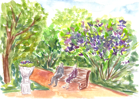Park, nature, outdoor.  Hand drawn sketch. Vibrant watercolor painting. Colorful artwork Watercolour landscape with trees and bushes. Aquarelle bright illustration. Summer view.People sitting on benchの写真素材