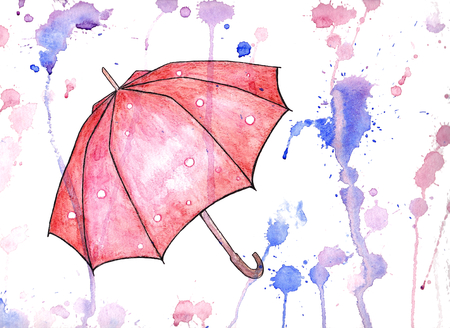 Watercolor opened umbrella on white background with colorful stains, drops and splashes. Hand painted illustration in red and blue colors. Hand drawn vibrant summer element.の写真素材