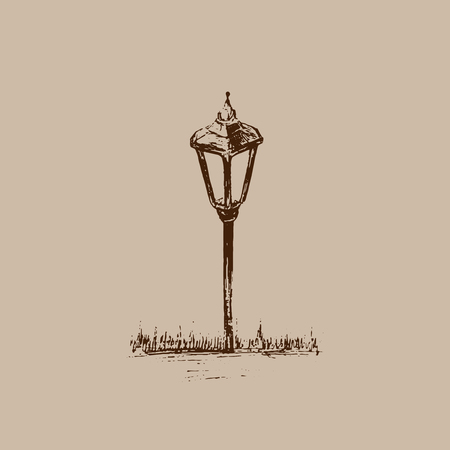 Small Garden Light. Solar Powered Lamp drawing. Sketch of Lantern. Hand drawn vector illustration of a street lamp. Brown drawing on beige background.のイラスト素材