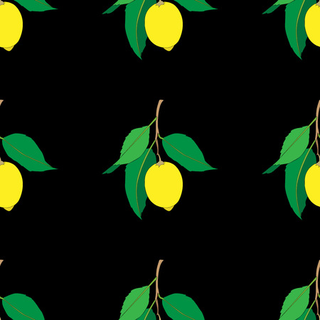 Seamless pattern with lemons  isolated on black background. Yellow fresh Fruits with green leaves. Summer design. Colorful wallpaper. Vector illustration.のイラスト素材