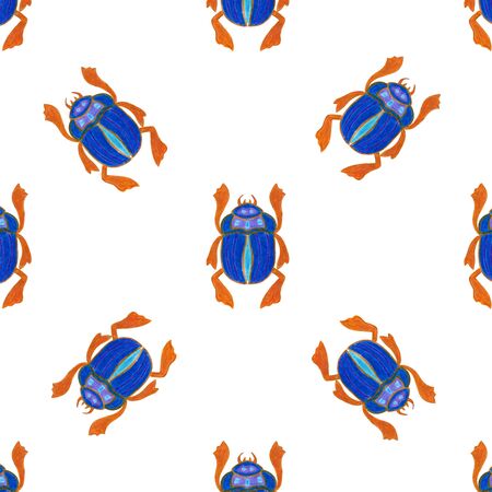 Blue scarab isolated on white background. Seamless pattern with Bug insect, Beetles. Design for wrapping paper, cover, greeting card, wallpaper, fabricの写真素材