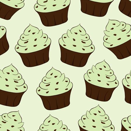 Cupcakes with chocolate sprinkles isolated. Green background. Sweet Dessert with cream. Pistachio or mint taste. Seamless pattern.Vector illustrationのイラスト素材