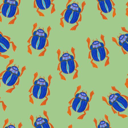 Blue scarab isolated on green background. Seamless pattern with Bug insect, Beetles. Design for wrapping paper, cover, greeting card, wallpaper, fabricの写真素材