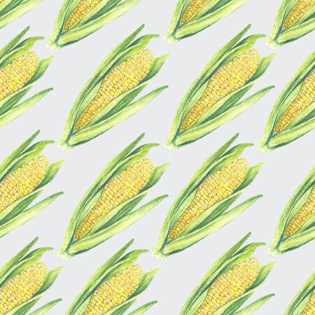 Seamless Pattern of corn cobs with leaves on gray background. Eco vegetables plants. FShop design, healthy lifestyle, packaging, textile. Hand drawn watercolor illustration. Botanical realistic artの写真素材