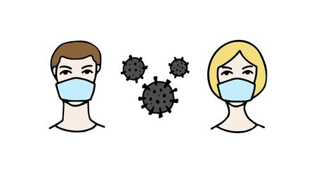 Man and woman wearing protective Medical mask for prevent flu infection. Novel coronavirus 2019-nCoV.Virus symbol. Cell microbe.â Prevention of covid. Global pandemic alert. Covid-19 outbreak.のイラスト素材