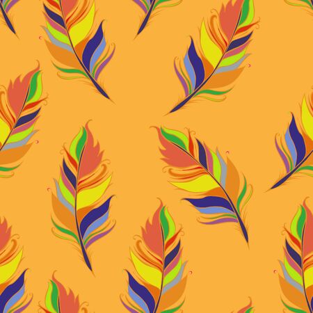 Bright feather print. Orange background. Summer Seamless pattern. Colorful Vector illustrationのイラスト素材