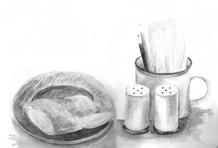 Hand Drawn Sketch from Cafe. Objects on table: Mug, salt and pepper, pastry bun on plate. Watercolor illustration. Gray, Black and white monochrome colors.の写真素材
