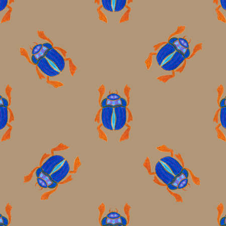 Blue scarab isolated on beige background. Seamless pattern with Bug insect, Beetles. Design for wrapping paper, cover, greeting card, wallpaper, fabric.の写真素材