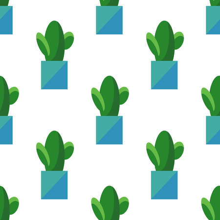 Seamless pattern of cactus in pots isolated on white background. Simple cartoon style. Flat design. House plant illustration.のイラスト素材