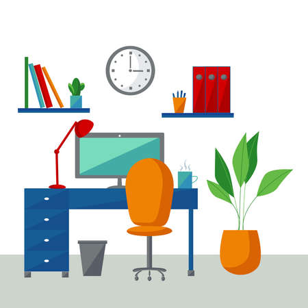 Flat design vector illustration of modern home office interior with designer desktop. Working from home concept. Workplace on white background. Workspace of a creative entrepreneur.のイラスト素材