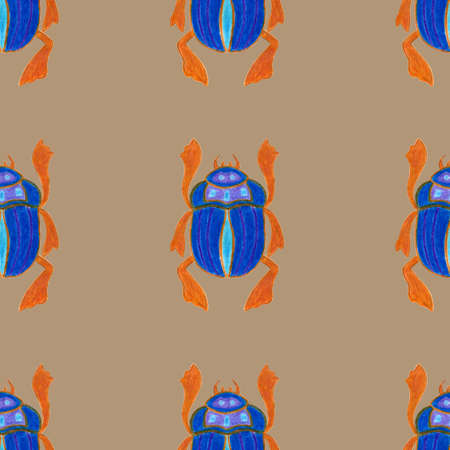 Blue scarab isolated on beige background. Seamless pattern with Bug insect, Beetles. Design for wrapping paper, cover, greeting card, wallpaper, fabric.の写真素材