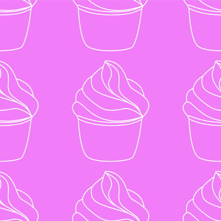 Seamless pattern with cupcakes. hand drawn Illustration. Line art style dessert isolated on pink...