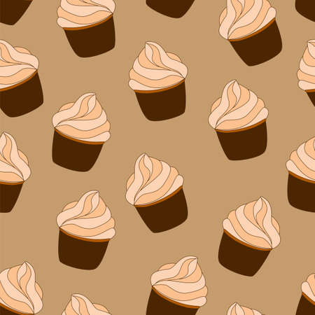Seamless pattern with cupcakes. hand drawn Illustration. Dessert isolated on light beige background. Can be used as packaging, wrapping paper, wallpaper.のイラスト素材