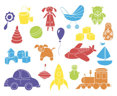 Toys collection isolated on white background. Set of colorful toys for kids. Vector silhouette illustration.のイラスト素材