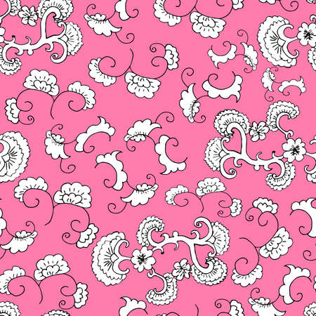 Doodle seamless pattern. Floral ornament. Wallpaper, textile or wrapping paper. Pink background. Hand drawn illustrationのイラスト素材