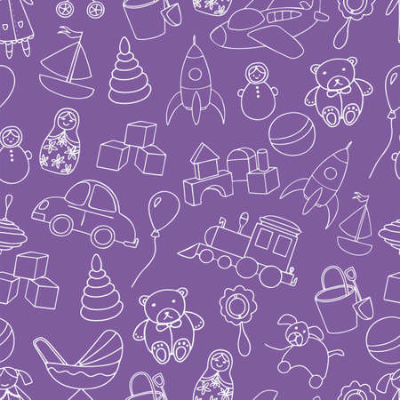 Cute toys seamless pattern. Outline elements isolated on purple background. For background, textile, baby shower, fabric print, wrapping paper. Hand drawn vector illustrationのイラスト素材