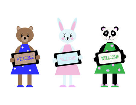 Set of cute characters keeping the Wellcome plate. Vector illustration in cartoon flat style. Funny animals bear, hare, panda.のイラスト素材