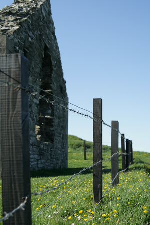 Stone church ruin standing in a wildflower meadow in Scotland, with wood and barbed wire fenceの写真素材