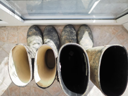 Muddy black wellington boots in a conservatory in the sun