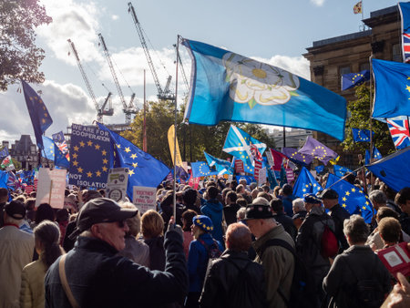 People's Vote demonstration, waving flags and placards, London, UK on 19 October 2019