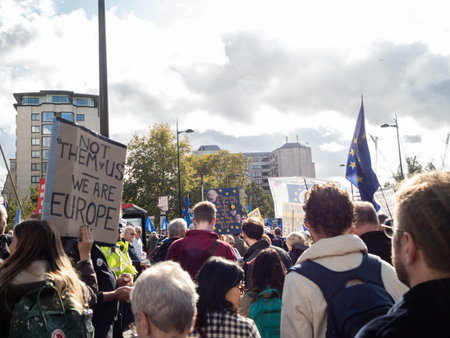 People's Vote demonstration, waving flags and placards, London, UK on 19 October 2019