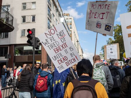 People's Vote demonstration, waving flags and placards, London, UK on 19 October 2019のeditorial素材