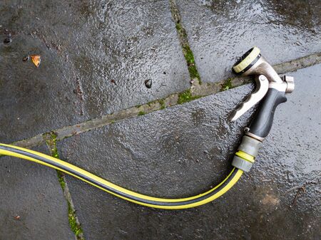 Green hose with spray attachment on a damp patioの写真素材