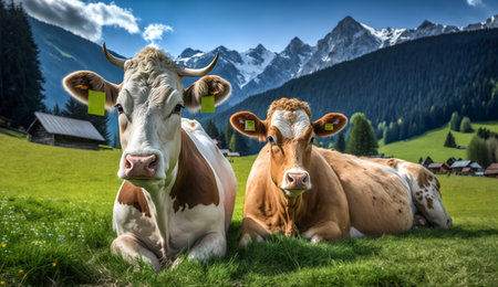 Cows grazing in meadow. Idealistic landscape of lying cows in green meadow against mountains. Generative AI.の素材