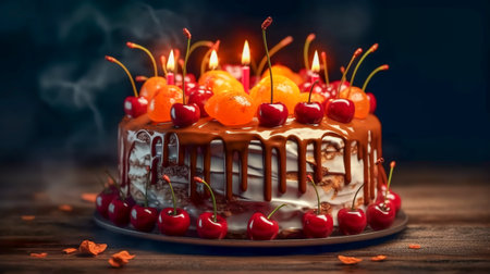 Fruit chocolate cake. Appetizing cupcake with fresh strawberries, cherries, raspberries, covered with chocolate icing and festive candles. Generative AIの素材