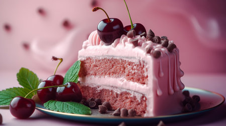 Fruit chocolate cake on pink background. Appetizing cupcake with fresh fruits of cherries covered with pink icing. Generative AIの素材
