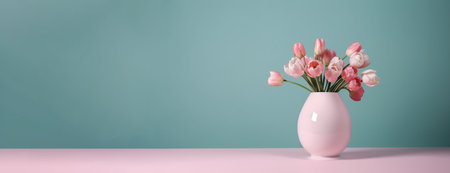 Pink flowers in vase on table on light blue-green background, banner, place for the text, Generative AIの素材