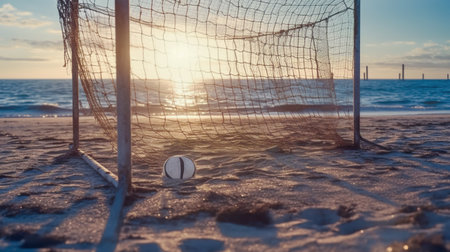 Beach Soccer. Empty gates and soccer ball on sand on coastline. Silhouette in light of sunlight evening sunset. Generative AIの素材