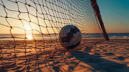 Beach Soccer. Empty gates and soccer ball on sand on coastline. Silhouette in light of sunlight evening sunset. Generative AIの素材