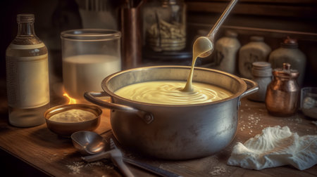 Preparation of bechamel sauce. Silver Bowl with wire whisk for mixing in kitchen. Generative AIの素材