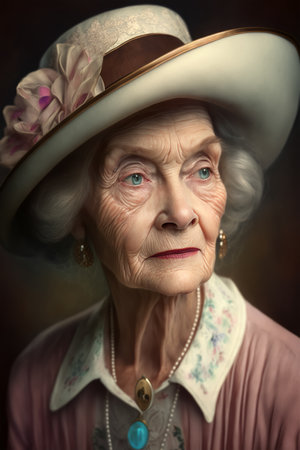 Portrait of elegant elderly woman. Old fashionable lady in hat. Vintage fashion 1950s 1960s. Generative AIの素材