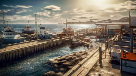 Sea port. Ships and boats are moored to shore of home harbor of old town. Generative AIの素材