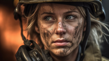 Portrait of woman of firefighter close -up. Girls face stained in soot and soot after extinguishing fire. Generative AIの素材