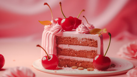 Fruit chocolate cake on pink background. Appetizing cupcake with fresh fruits of cherries covered with pink icing. Generative AIの素材