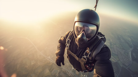 Man jumps with parachute. Paratrooper jumps out of flying aircraft. Generative AIの素材