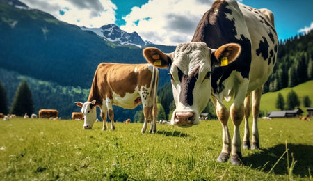 Cows grazing in meadow. Fantastic view of cows in green meadow and mountains. Generative AIの素材