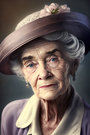 Portrait of elegant elderly woman. Old fashionable lady in hat. Vintage fashion 1950s 1960s. Generative AIの素材