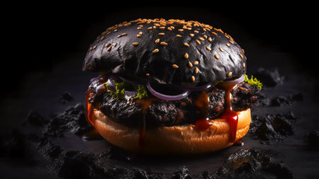 Burnt hamburger on dark background. Black Burger. Generative AIの素材