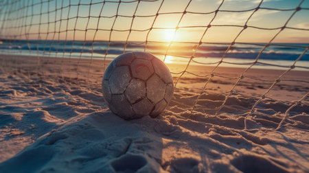 Beach Soccer. Empty gates and soccer ball on sand on coastline. Silhouette in light of sunlight evening sunset. Generative AIの素材