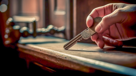 Person hand opens keyhole in door with key, close -up. Generative AIの素材